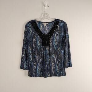 Sequined Animal Print Top with V-Neck - Size XS